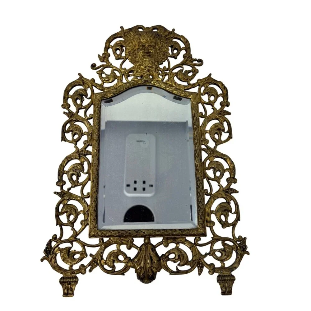 1800s Antique Victorian Bacchus Gilded Brass Wall Mirror Beveled Glass